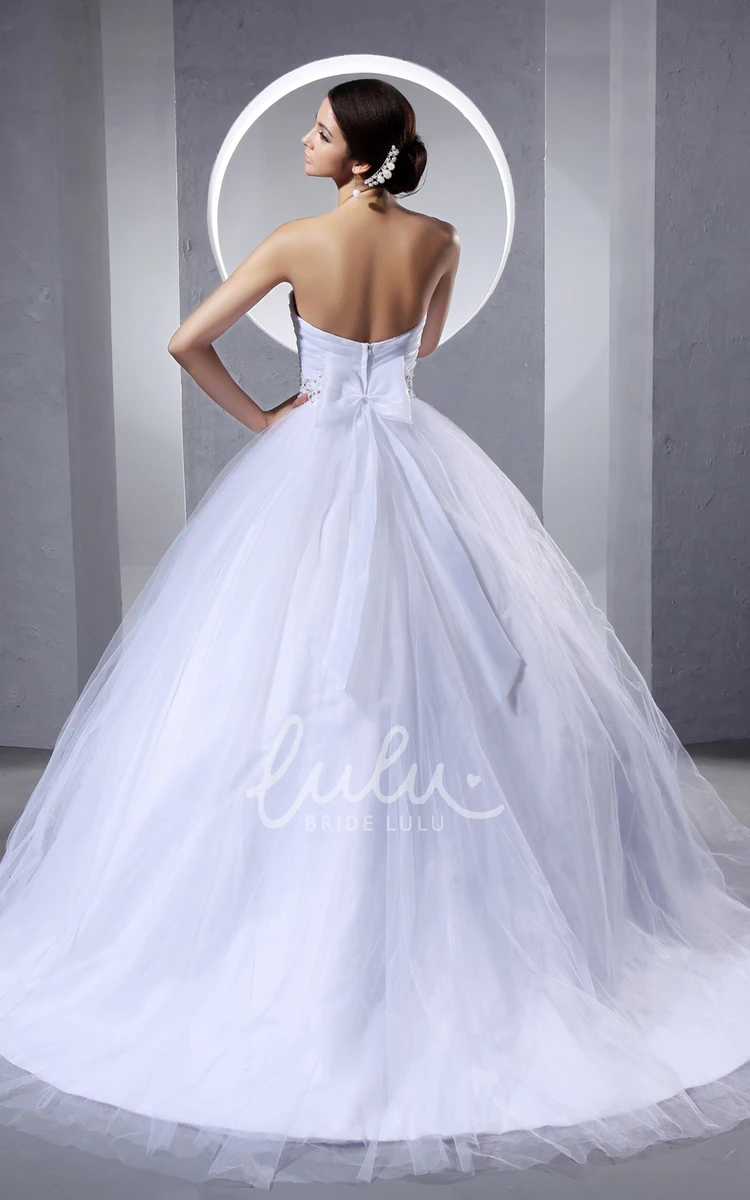 Tulle Wedding Dress Ball Gown Ruching Criss-Cross Beaded Sash A-Line
