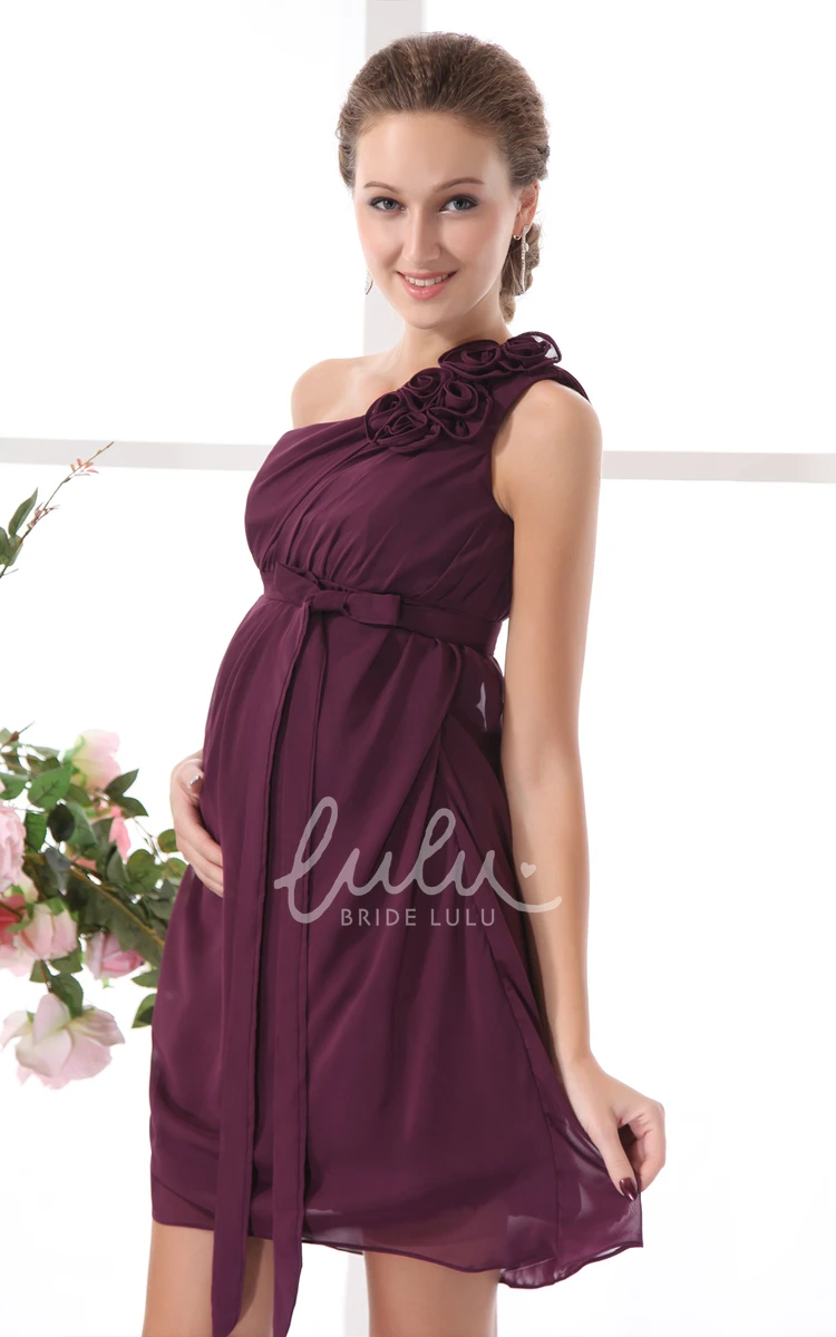 One Shoulder Chiffon Bridesmaid Dress with Flower & Ruching Short Empire Style