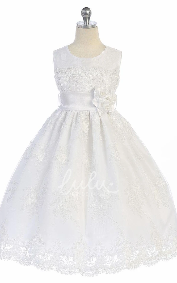 Floral Lace Flower Girl Dress with Sash Knee-Length