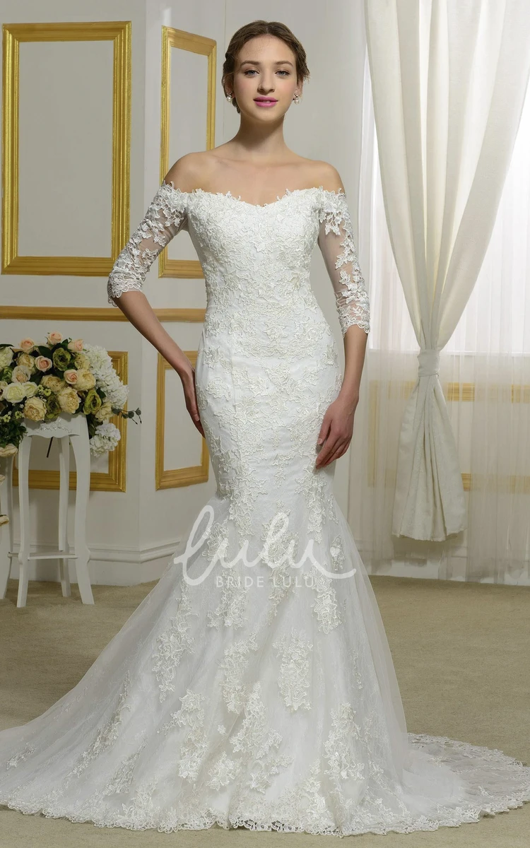 Illusion Off-the-Shoulder Lace Mermaid Wedding Dress with Button Back and 3/4 Sleeves