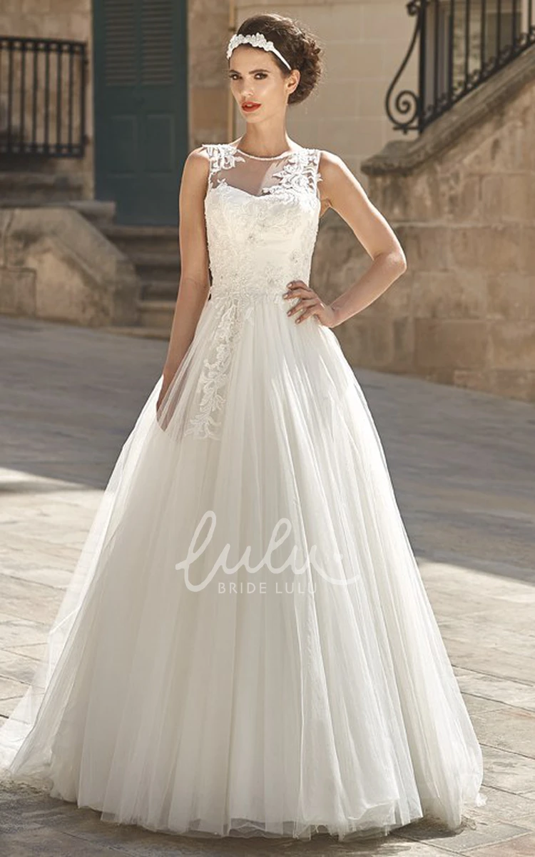 Embroidered Tulle A-Line Wedding Dress with Pleats Floor-Length and Sleeveless