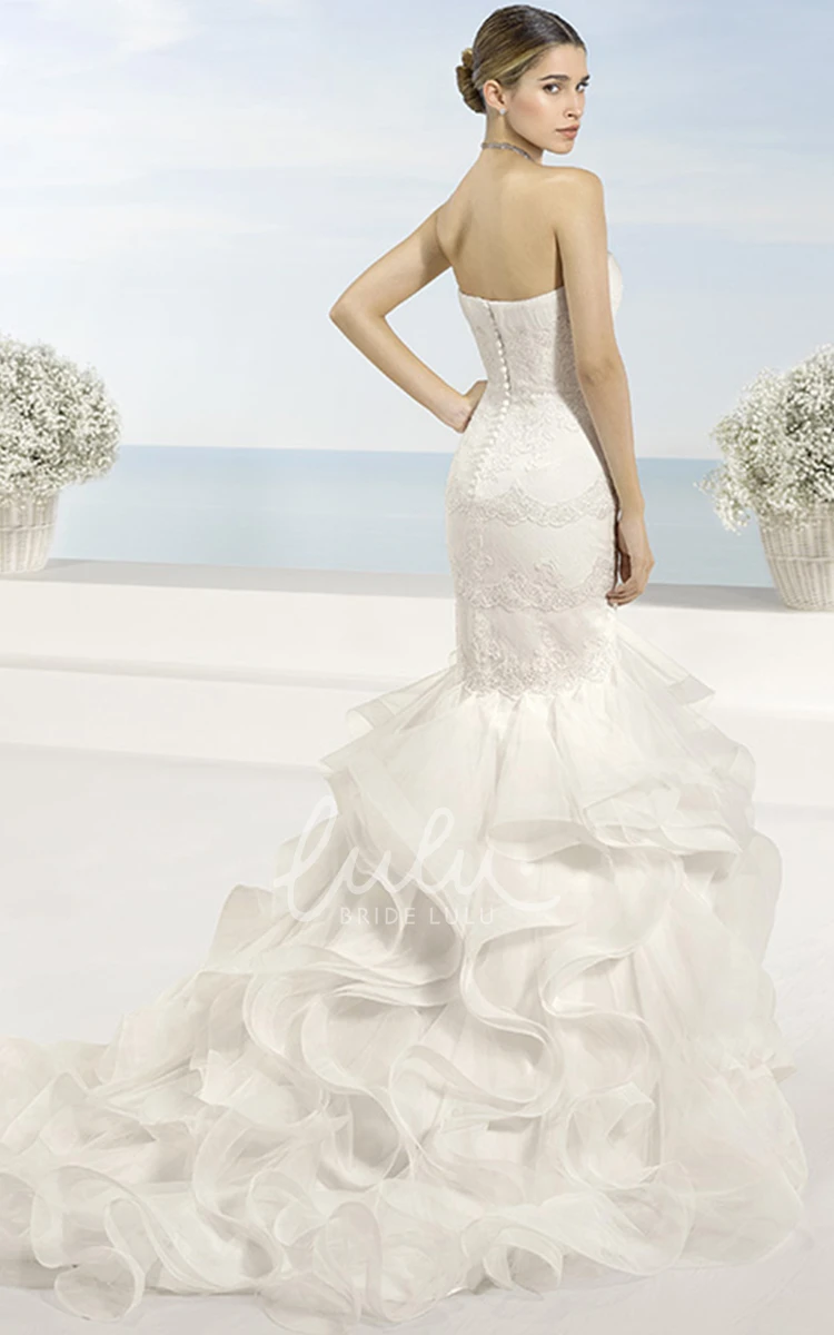 Lace&Organza Wedding Dress with Cascading-Ruffle and Appliques + Sheath + Cap Sleeves