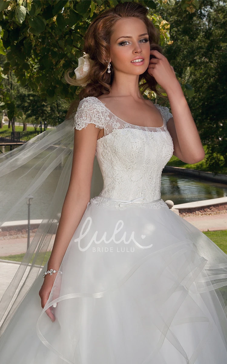 Cap-Sleeve Tulle Ball Gown Wedding Dress with Appliques and Illusion Romantic Bridal Gown