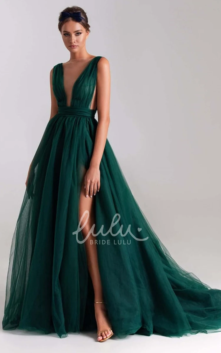 A Line Tulle Evening Dress with Split Front and Sleeveless