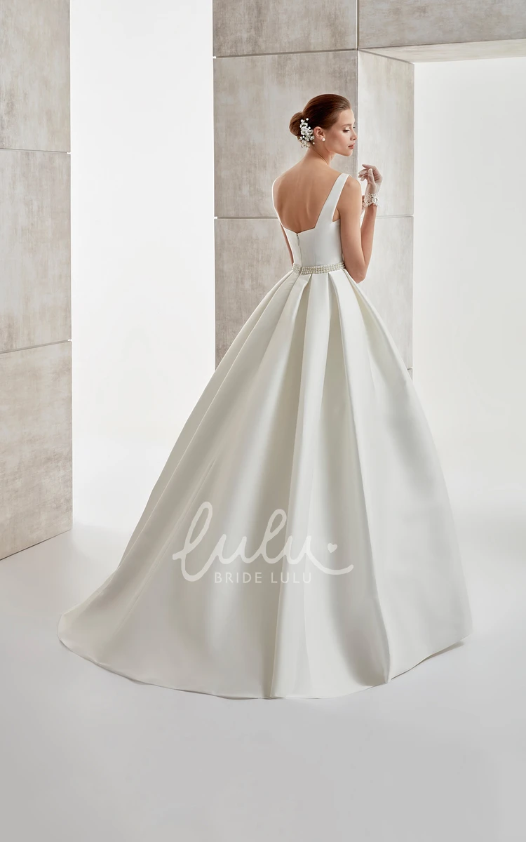 Satin A-Line Wedding Dress with Beaded Belt and Brush Train