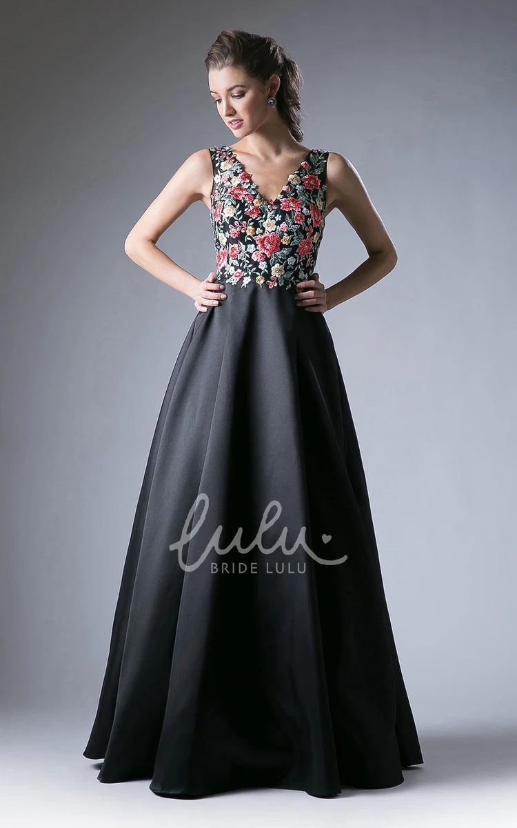 Embroidered Satin A-Line Formal Dress with Low-V Back V-Neck Sleeveless