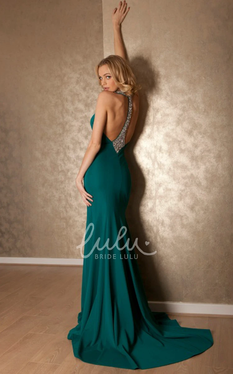 Beaded V-Neck Prom Dress with Brush Train Maxi Sleeveless Jersey