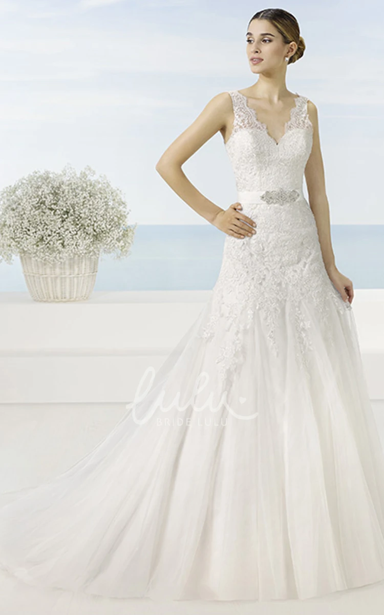 V-Neck Appliqued Long Lace&Tulle A-Line Wedding Dress Modern Bridal Gown