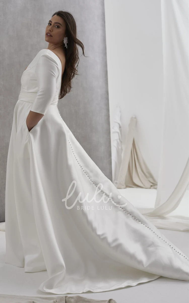 Satin V-Neck A-Line Wedding Dress with Pockets Modern Style