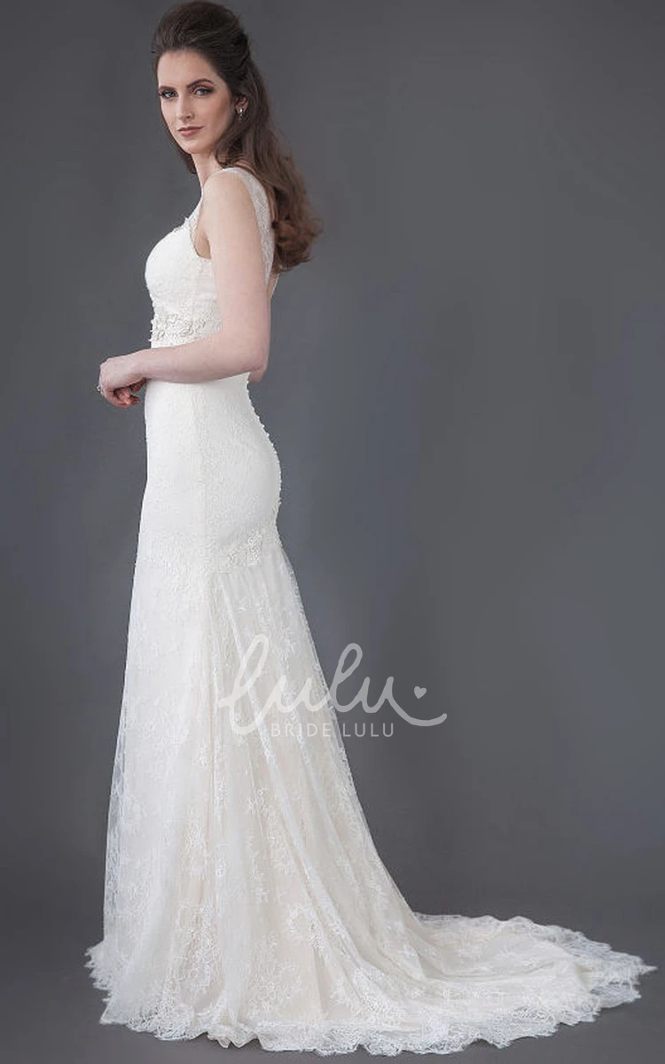 Sheath Maxi Lace Wedding Dress with Appliqued Sleeveless Low-V Back and Pleats