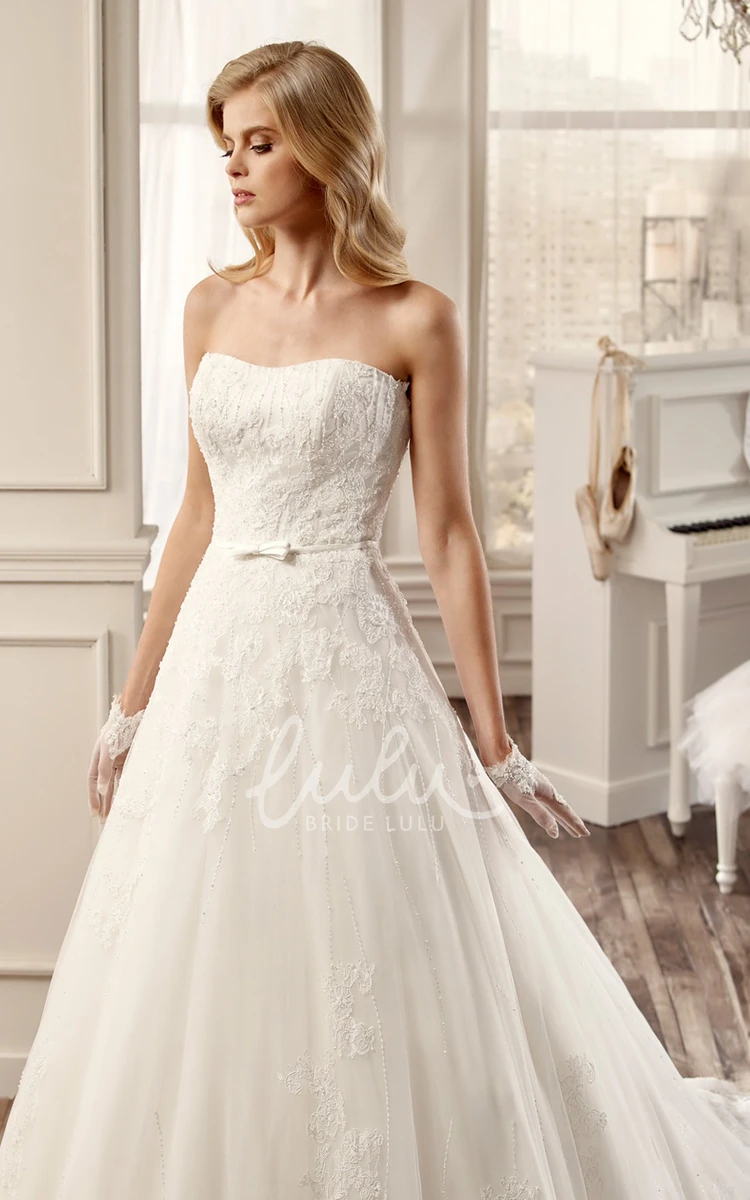 A-Line Lace Appliques Brush Train Wedding Dress Strapless Style