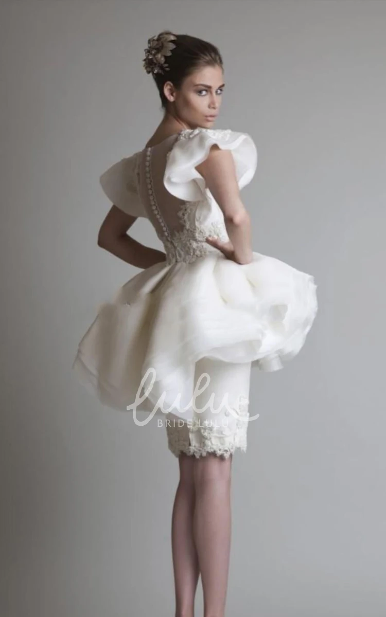 Jewel Peplum Organza Lace Homecoming Dress Short Sleeve Sheath Knee-length Appliques Ruffles