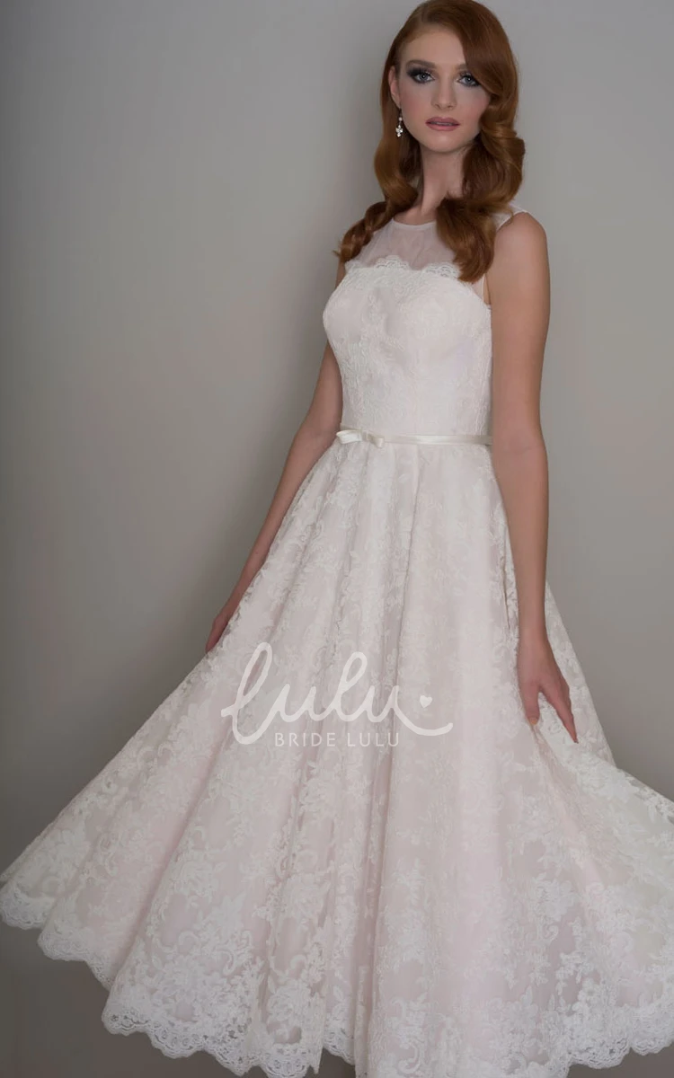 A-Line Sleeveless Lace Wedding Dress with Illusion Back Long Appliqued