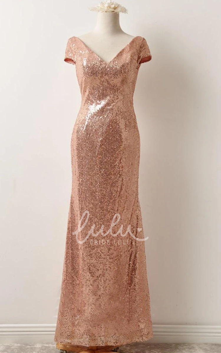 Sequins Floor-Length Bridesmaid Dress with Low-V Back Short Sleeve