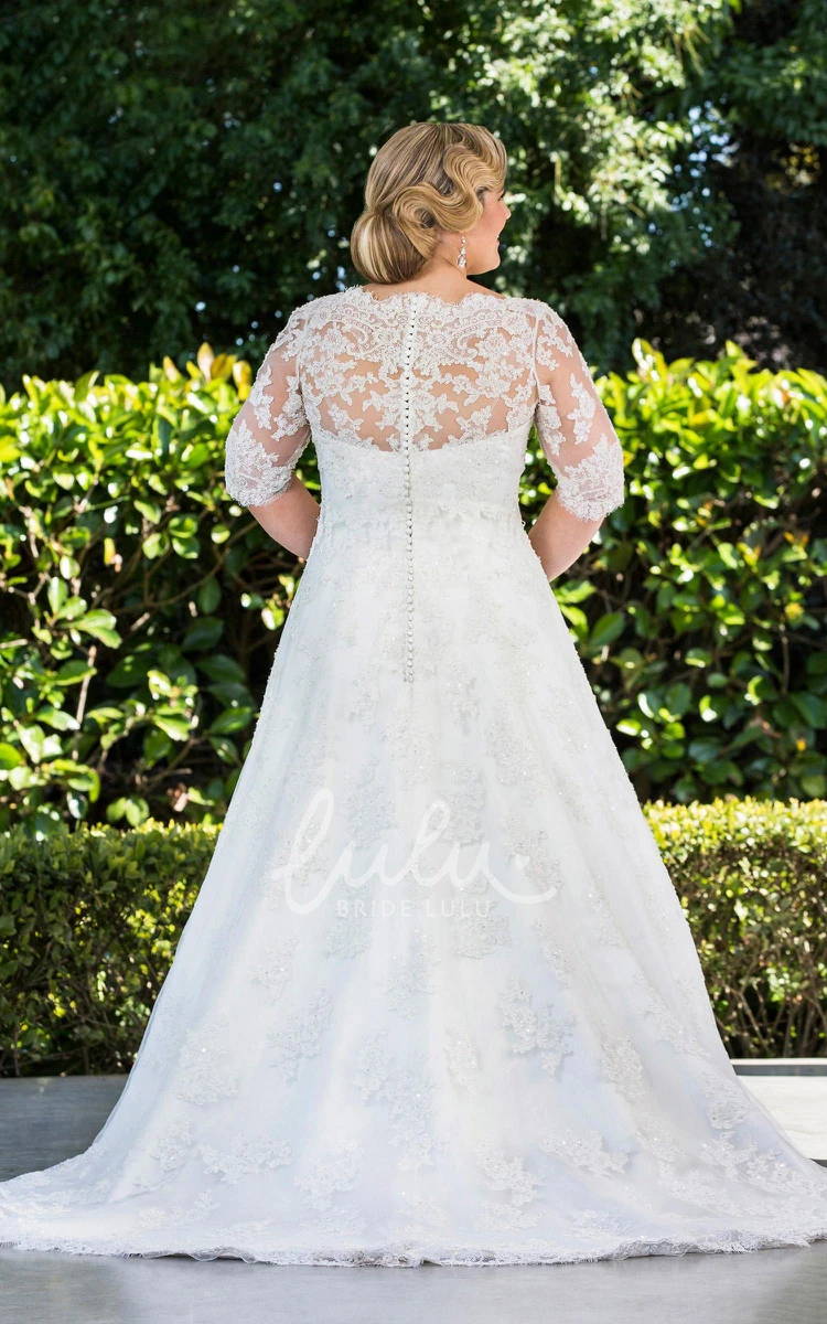 Bell Sleeve Lace Applique A-Line Wedding Dress with Brush Train