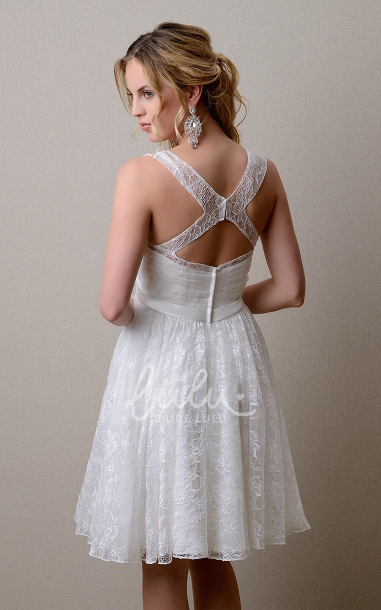 A-Line Lace Wedding Dress Knee Length Sleeveless Beaded