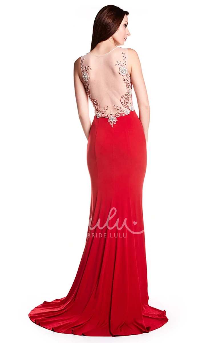 Sleeveless Sheath Chiffon Prom Dress with Beading Scoop Neckline and Brush Train