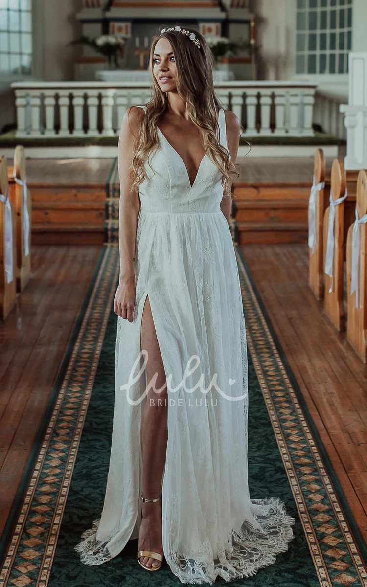 Sexy Lace Floor-length A-Line Wedding Dress with Split Front and Low-V Back