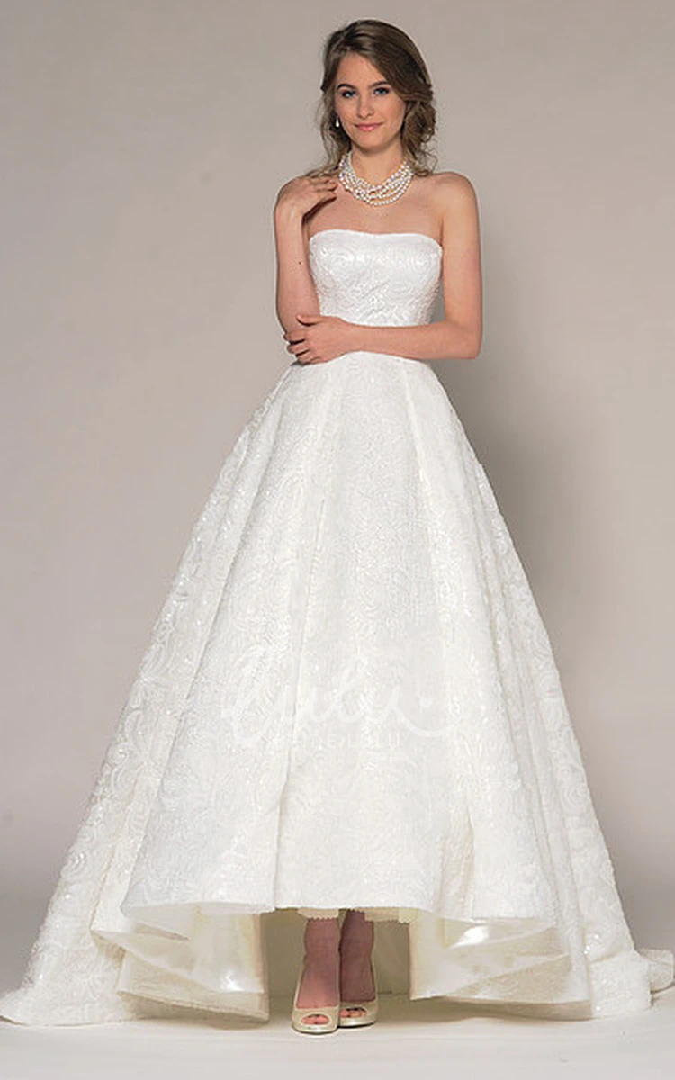 Beaded V-Back High-Low Lace Wedding Dress with Strapless Neckline