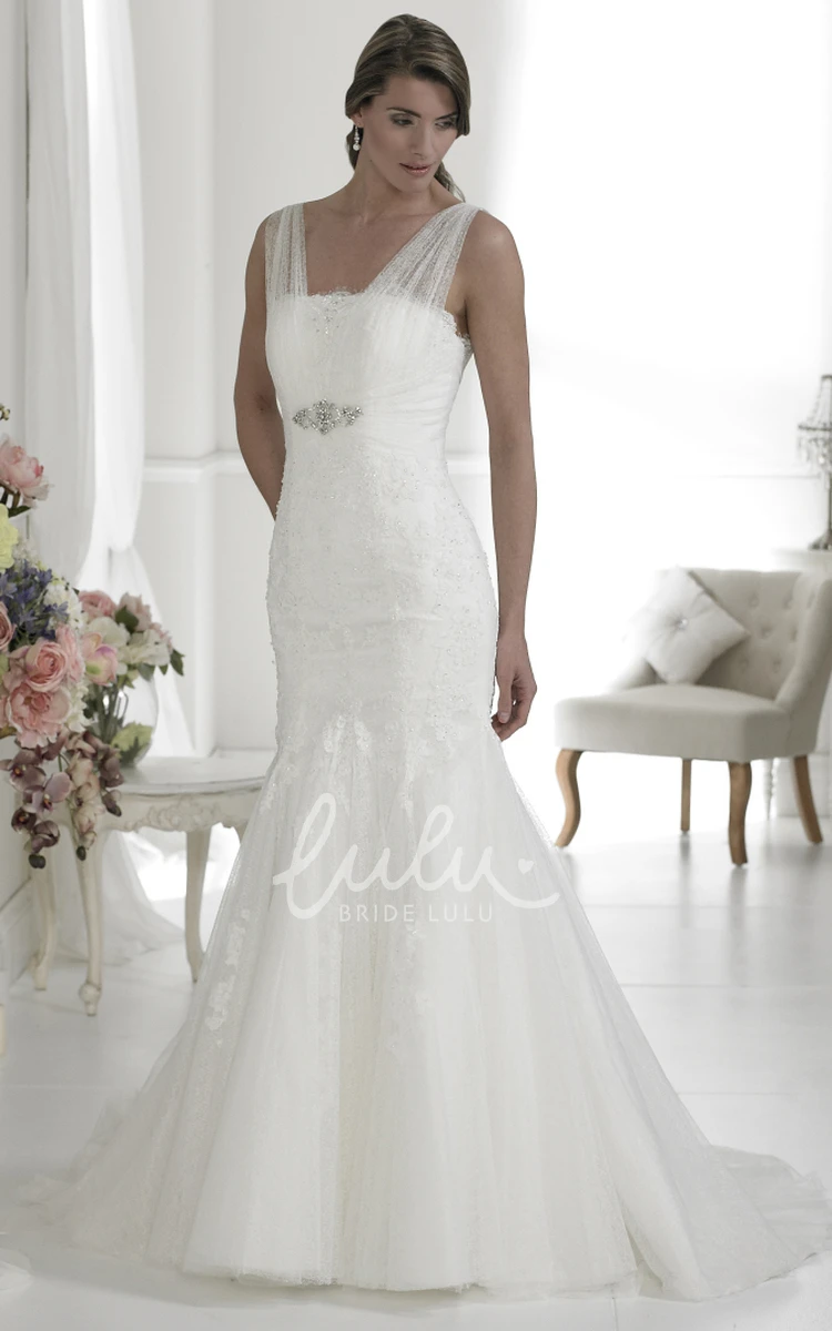 V-Neck Sleeveless Lace&Tulle Wedding Dress with Low-V Back and Waist Jewellery A-Line Long Appliqued