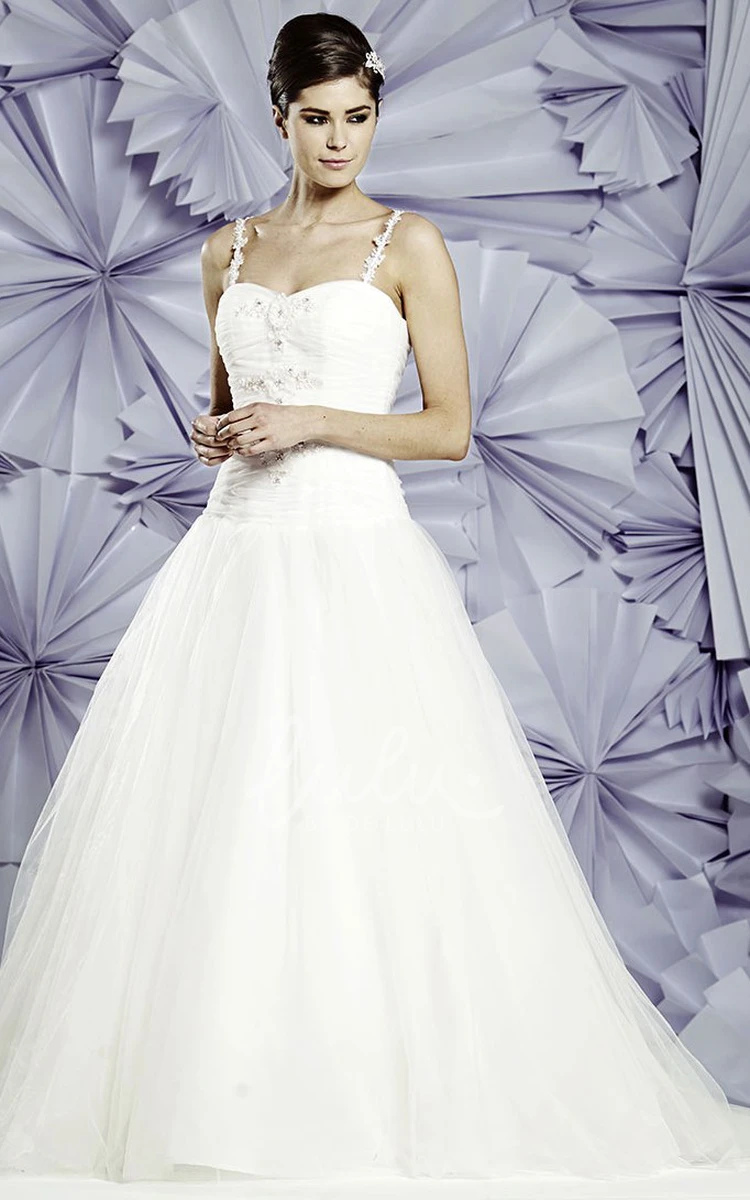 Spaghetti Strap Ball Gown Tulle Wedding Dress with Ruched Bodice and Appliques Modern Wedding Dress