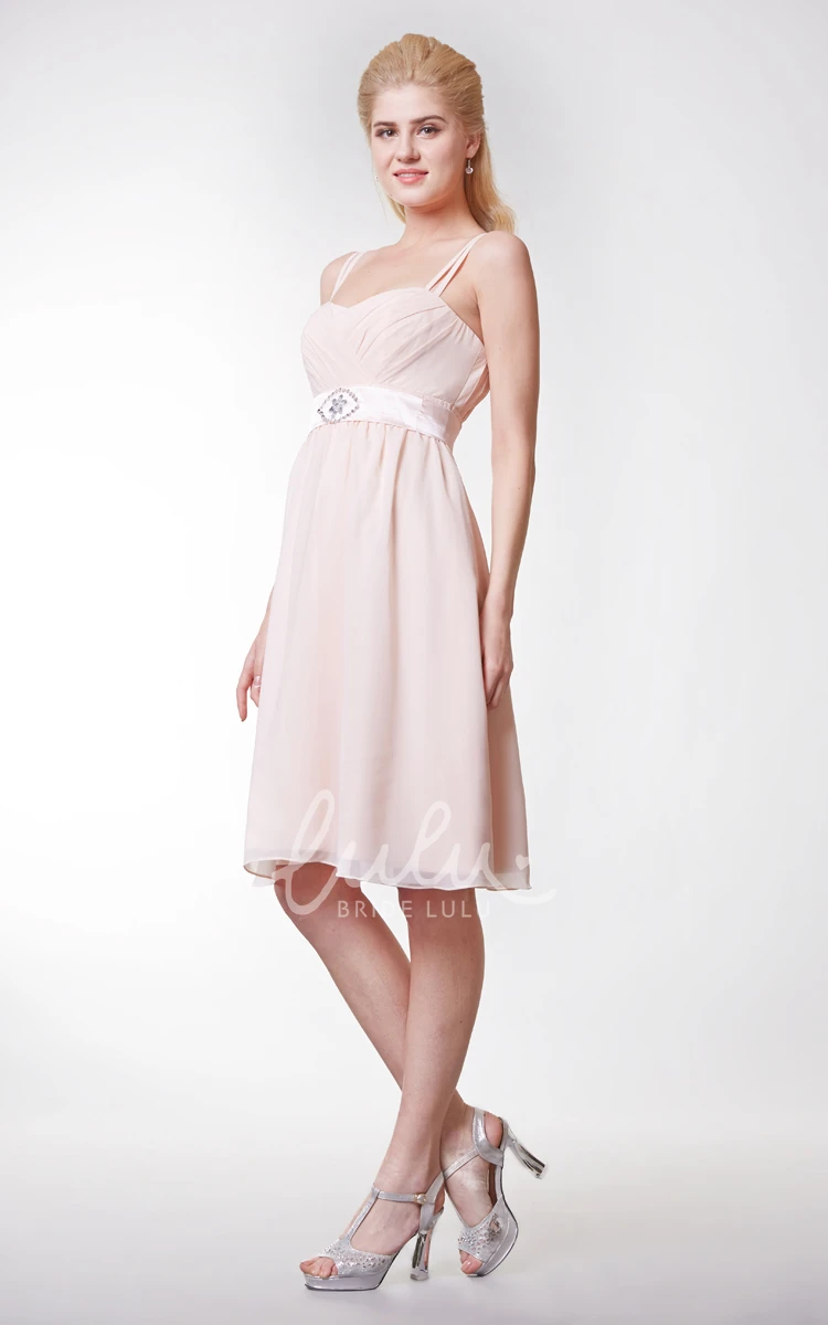 Knee-length Chiffon Dress with Spaghetti Straps Sash Beading and Bow