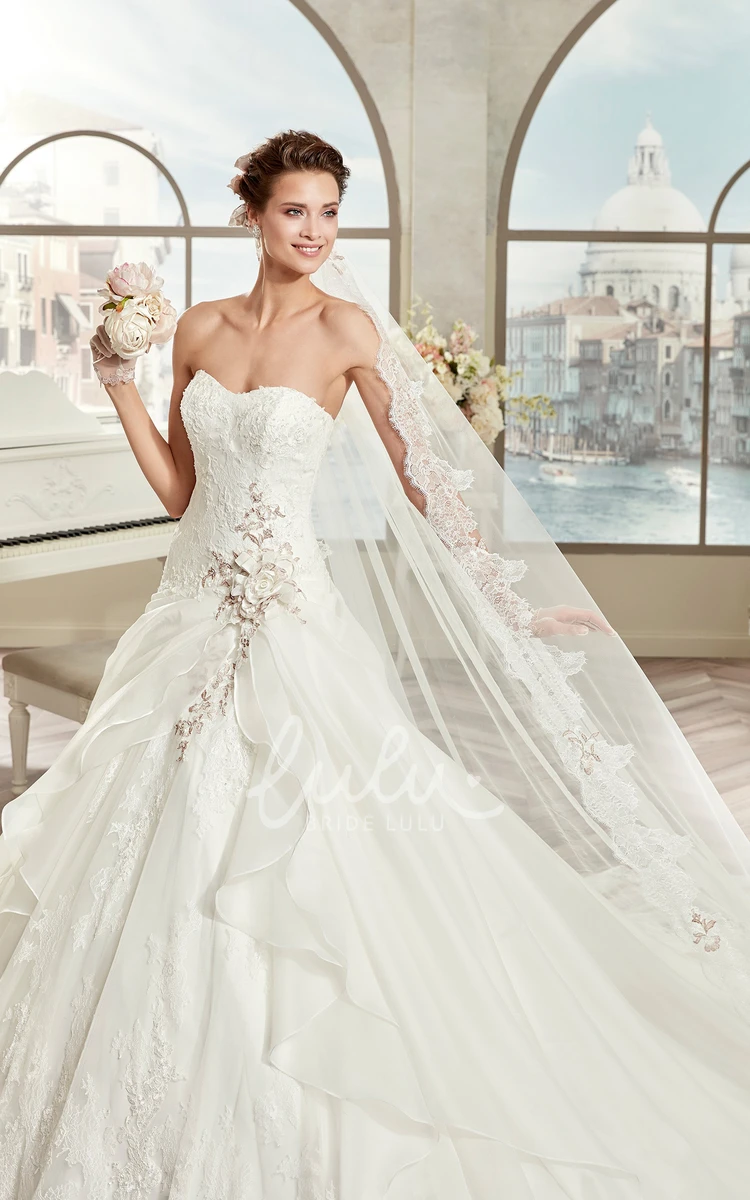 Floral A-Line Wedding Dress with Ruffles and Strapless Design