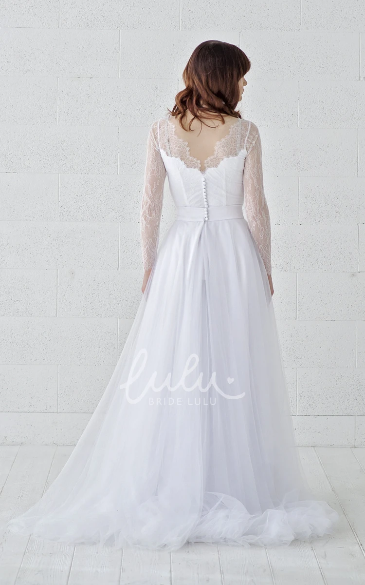 Illusion Lace Scalloped Tulle Wedding Dress with Button Back and Long Sleeves Modern Wedding Dress