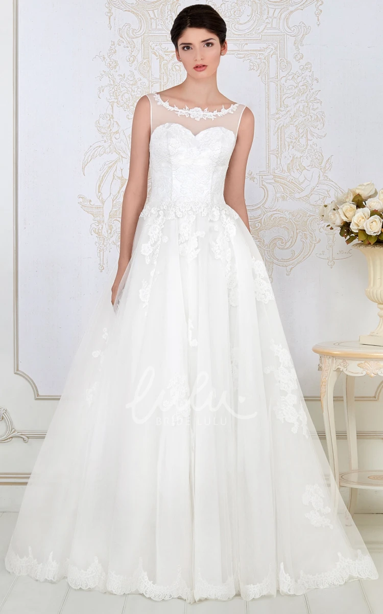 Appliqued Tulle Ball Gown Wedding Dress Sleeveless Scoop-Neck Floor-Length