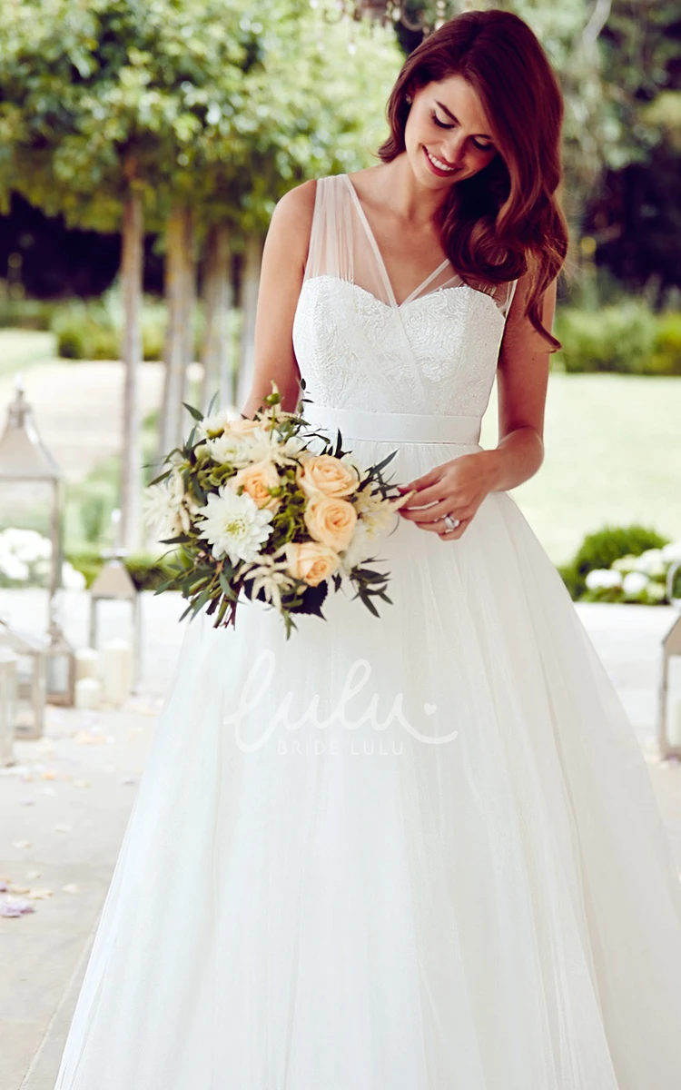 Tulle A-Line Wedding Dress Bowed Floor-Length Sleeveless Bridal Gown with Lace