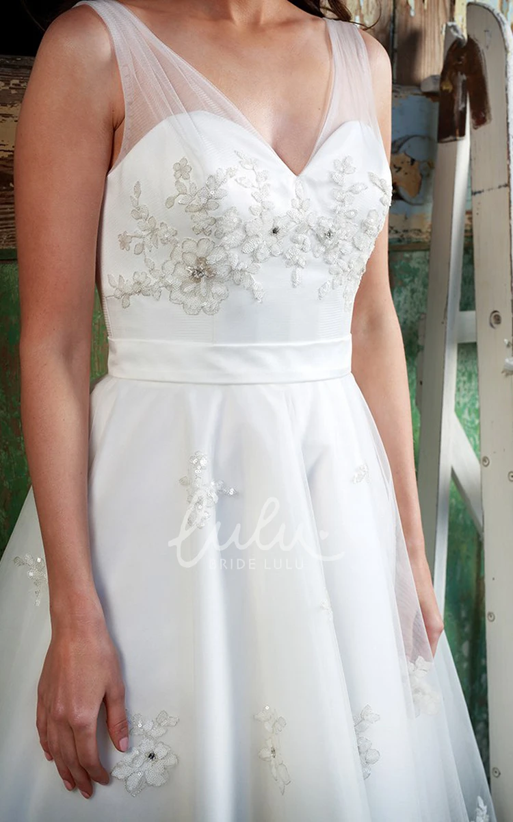 Tea-Length V-Neck Tulle Wedding Dress with Appliques A-Line Bridal Gown