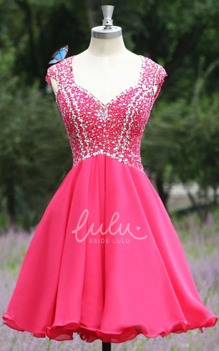 Crystal Embellished V-neck Cap Sleeve Prom Dress