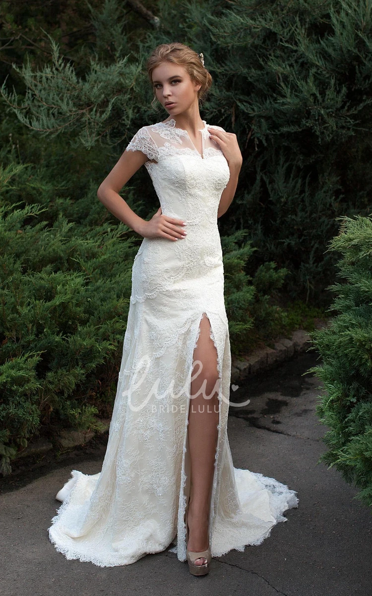 Jewel Cap-Sleeve Lace Dress with Low-V-Back Split Front and Tiers in Floor-Length Sheath Style