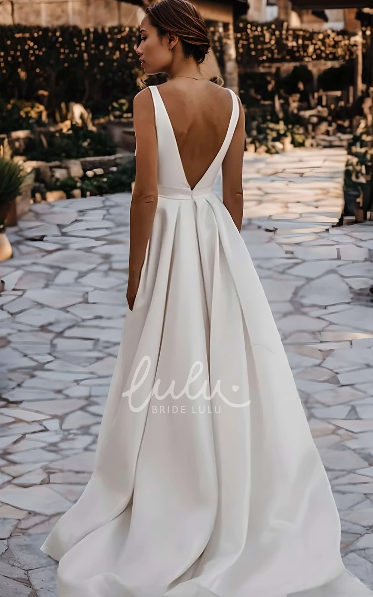 Modern Sexy Deep V Neck Satin Sleeveless Wedding Dress A-line Front Slit Train Gown