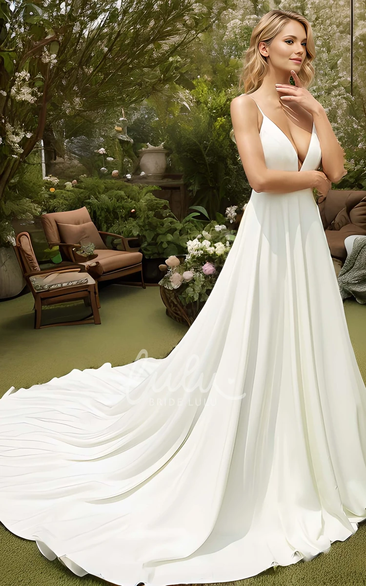 Elegant Casual V-Neck A-Line Satin Lace Wedding Dress Classic Summer Floral Lace Back Cathedral Train Bridal Gown