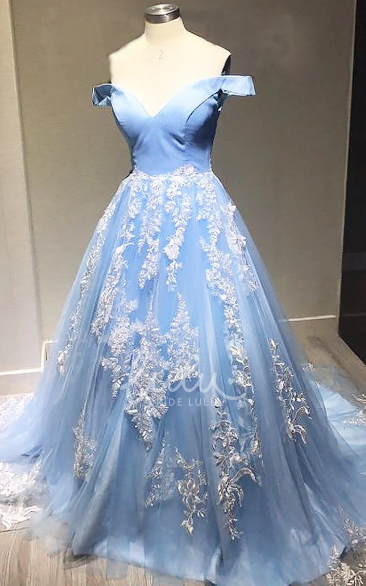 Off-the-shoulder Lace Tulle Ball Gown Formal Dress with Cap Sleeves
