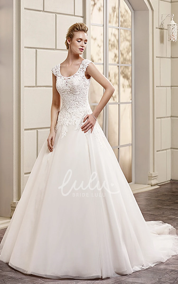 Cap-Sleeve V-Neck A-Line Wedding Dress with Lace and Satin