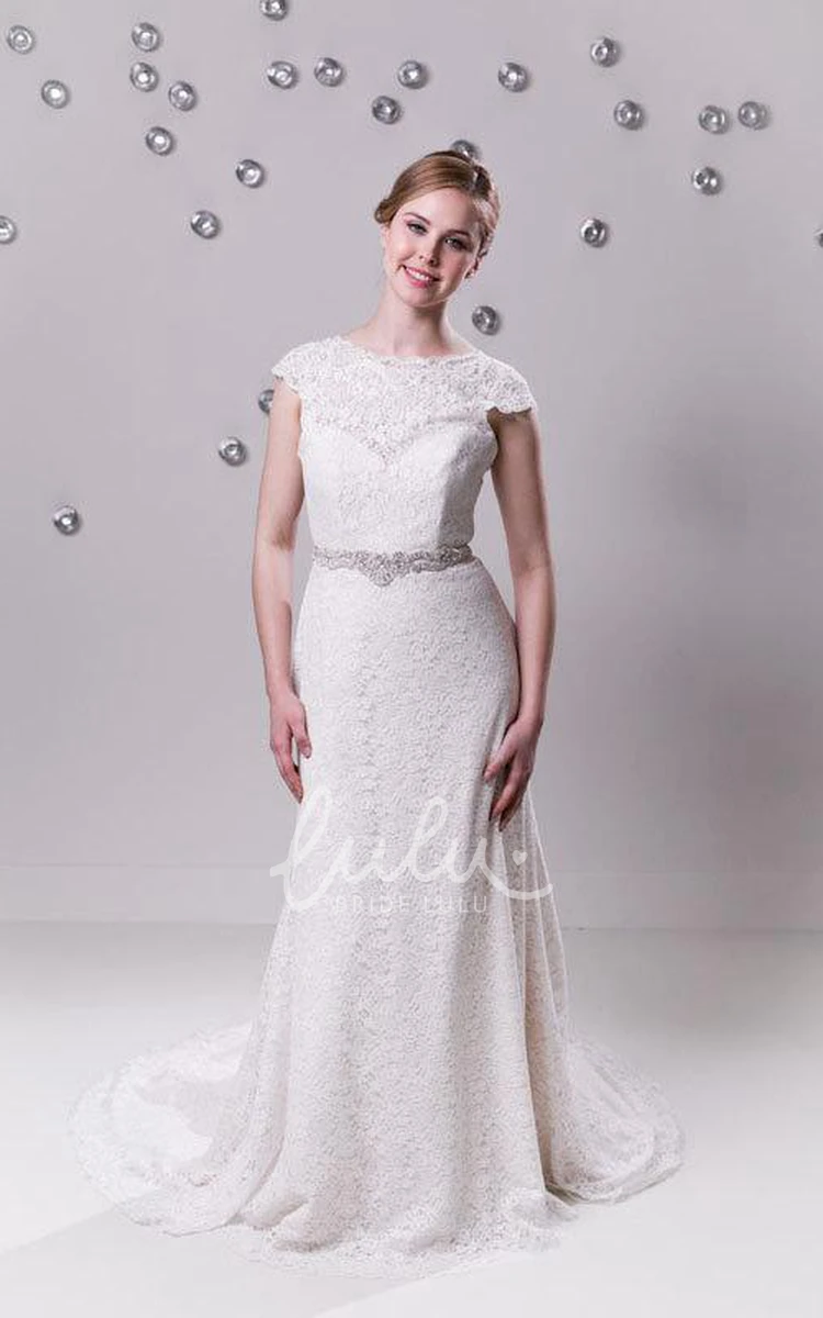 Lace Wedding Gown with Beaded Waist and Illusion Neckline in Long Length