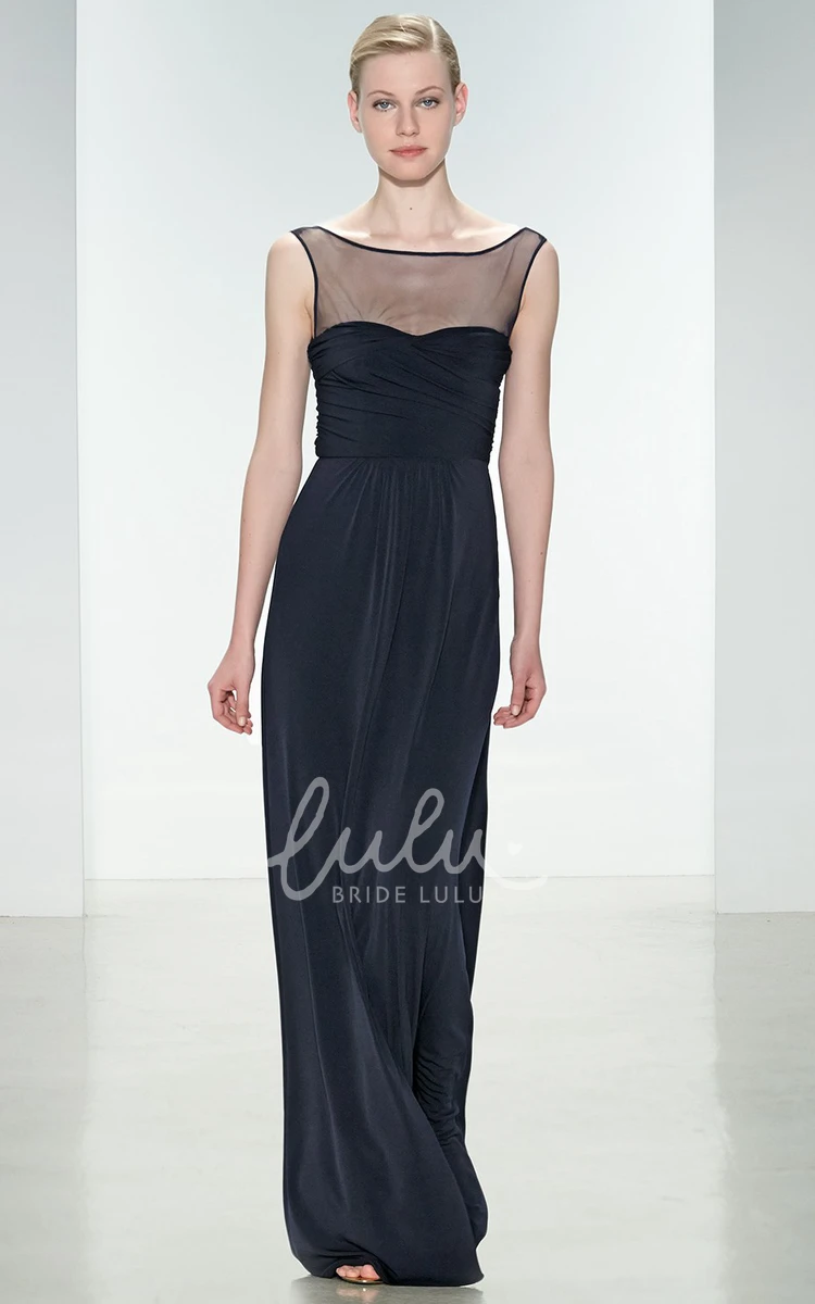 Sleeveless Ruched Bateau-Neck Chiffon Bridesmaid Dress in Pencil Style