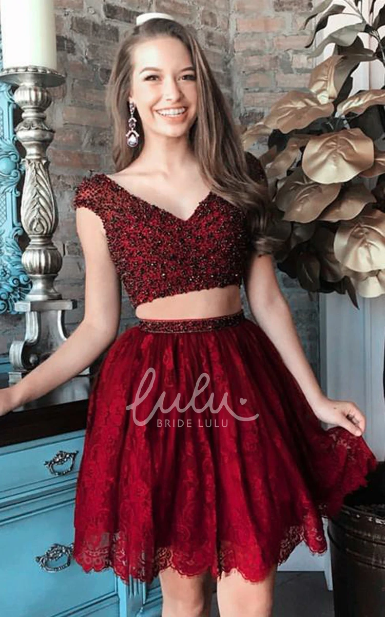 Lace V-neck Short Sleeve Beaded Homecoming Dress Adorable Two Piece