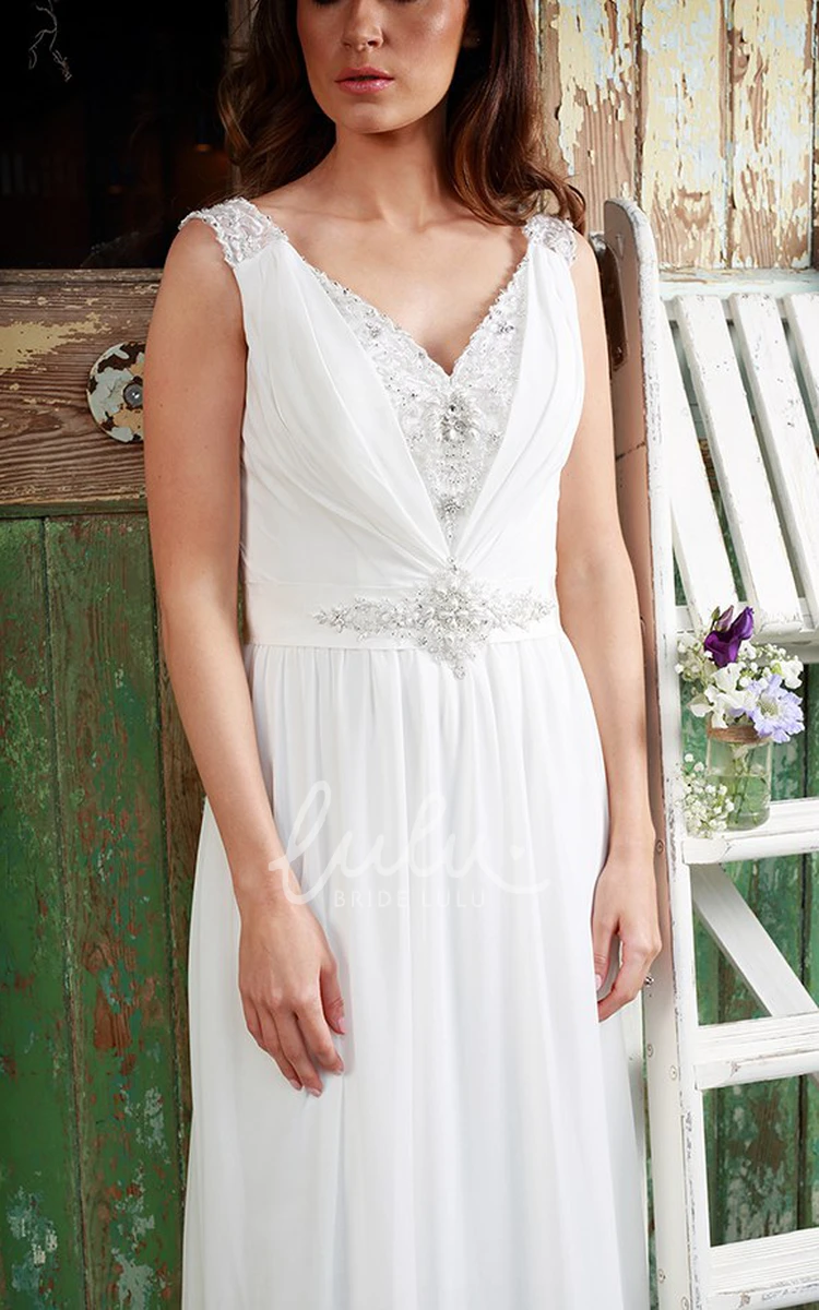 Beaded V-Neck Chiffon Wedding Dress Sleeveless Ruched