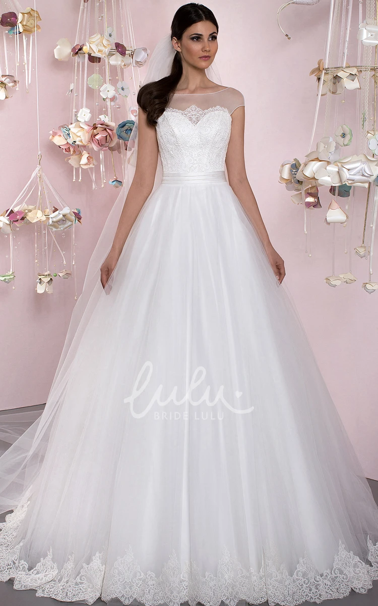 Tulle Cap Sleeve Ball Gown Wedding Dress Appliqued Bateau Neck