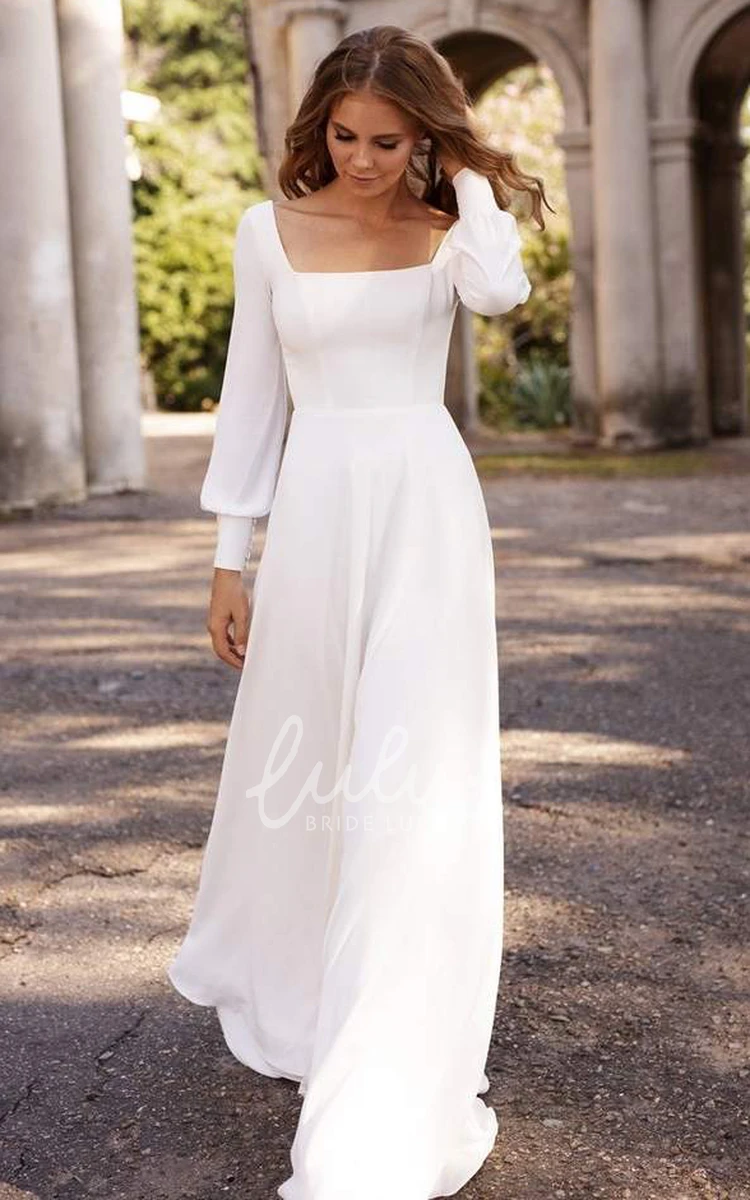 Satin A Line Long Sleeve Open Back Wedding Dress with Sweep Train