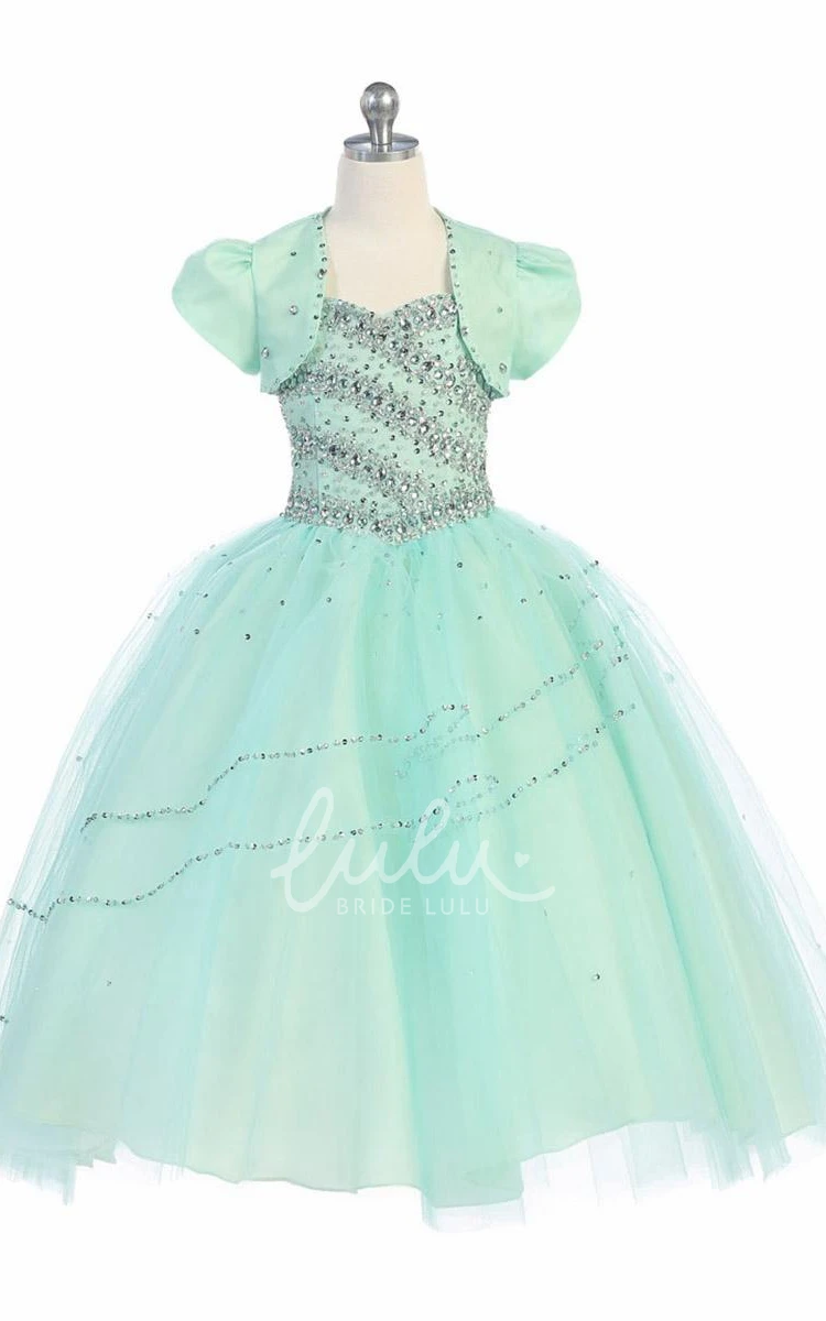 Tiered Tulle&Lace Flower Girl Dress with Bolero and Beading