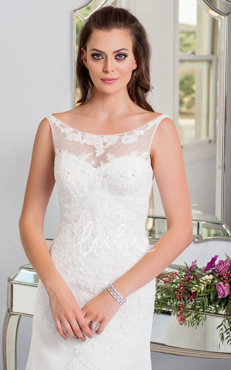 Sleeveless Lace Wedding Dress with Appliques Scoop Neckline and Long Flowy Skirt