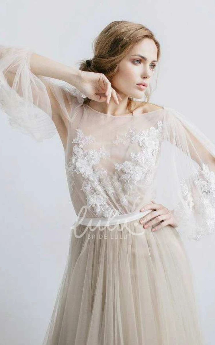 Illusion Tulle Pleated Dress with Floral Appliques and Deep-V Back