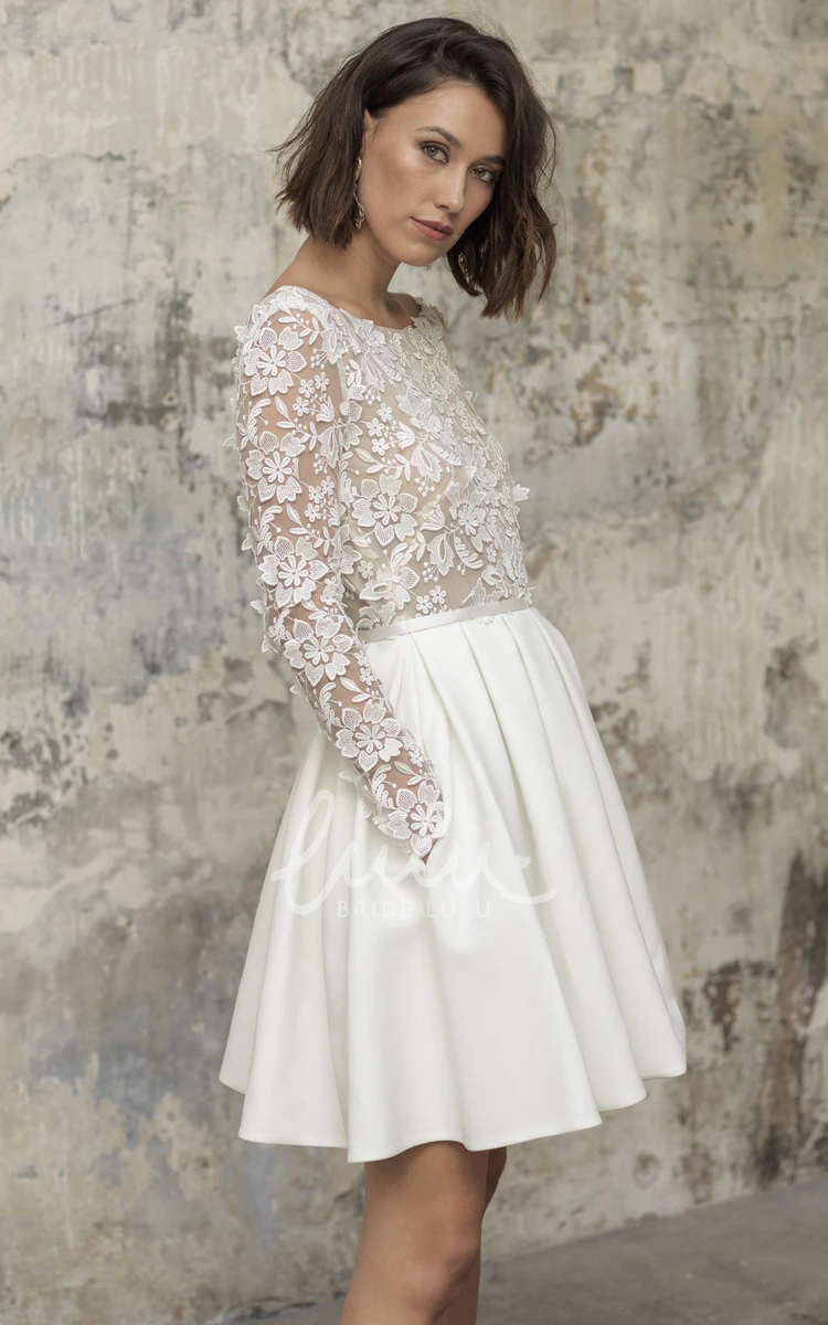 Satin Lace Bateau A-line Knee-length Wedding Dress with Open Back and Appliques