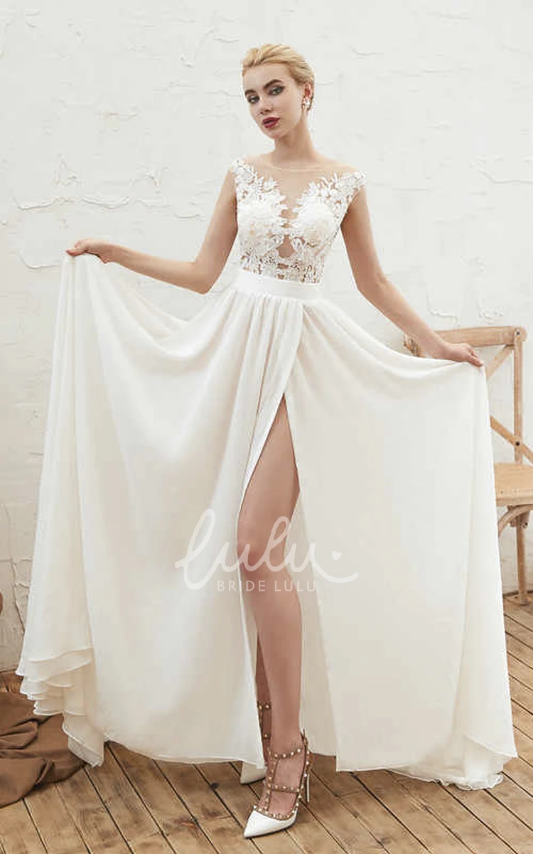 Illusion Cap Sleeve A-line Chiffon Bridal Gown with Lace Appliques