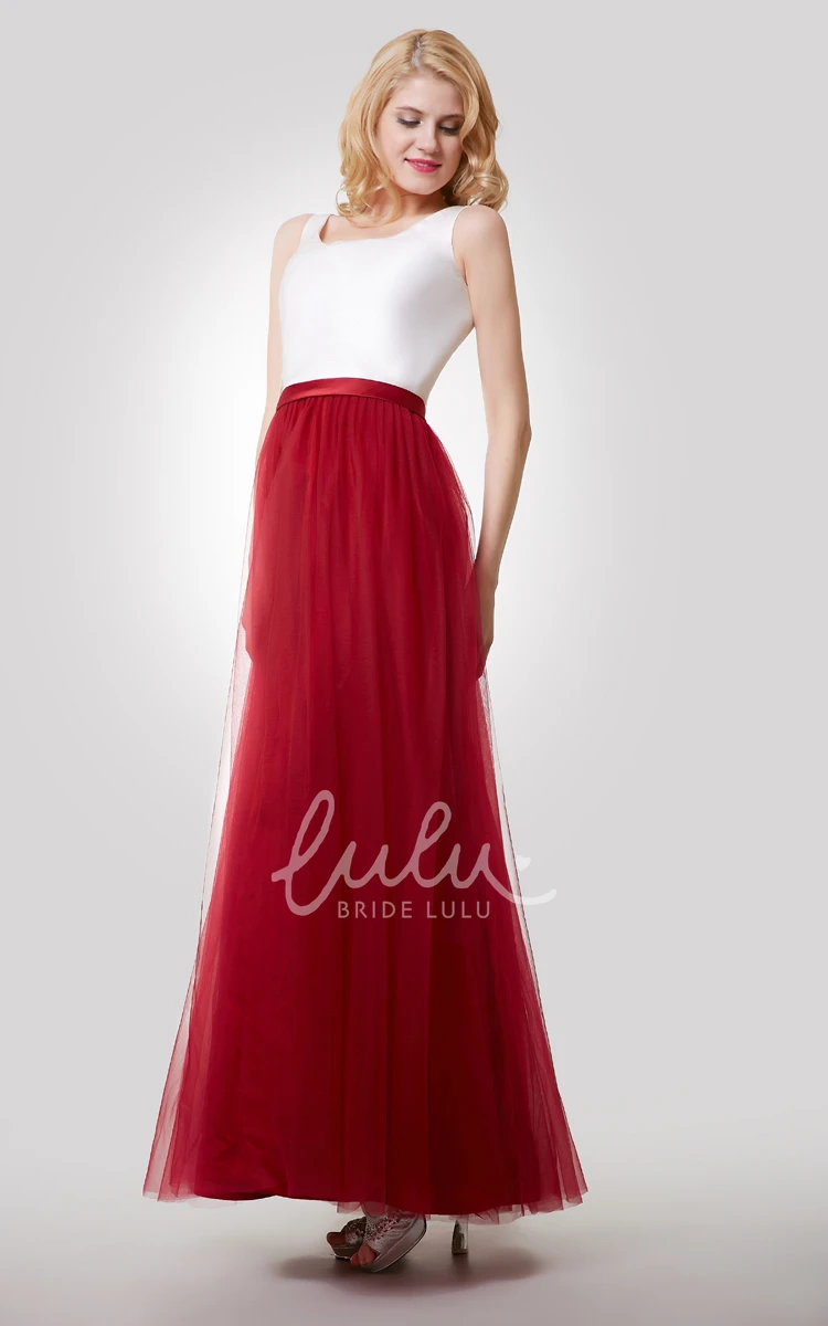 Color Block A-Line Tulle Bridesmaid Dress with Bateau Neck