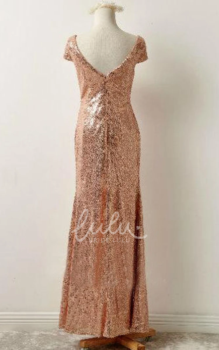 Sequins Floor-Length Bridesmaid Dress with Low-V Back Short Sleeve